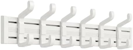 Wall Mounted Coat Hook Rack, 6 Adjustable Sliding Hooks Premium Aluminum Wall Hanger, 2 Mounting Options Self Adhesive & Drilling for Bathroom Bedroom Entryway (Off-White)
