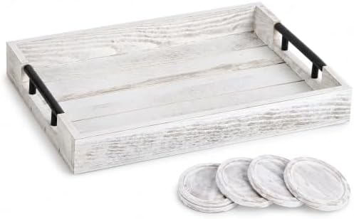 Whitewashed Wooden Serving Tray with Black Metal Handles and 4 Coasters, 16.1 x 11.8 Inch Rustic Farmhouse Ottoman Tray for Coffee Table, Living Room, Breakfast and Home Decor