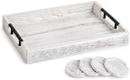 Whitewashed Wooden Serving Tray with Black Metal Handles and 4 Coasters, 16.1 x 11.8 Inch Rustic Farmhouse Ottoman Tray for Coffee Table, Living Room, Breakfast and Home Decor