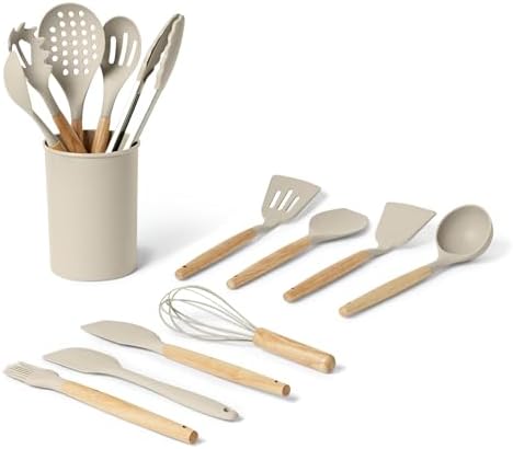 Amazon Basics Kitchen Utensils Set, 14-Piece Silicone Cooking Utensils with Wooden Handles, BPA-Free, Utensil Holder Included, Linen Gray