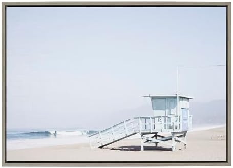 Kate and Laurel Sylvie Pale Blue Life Guard Tower Framed Canvas Wall Art by Caroline Mint, 23x33 Gray, Chic Coastal Wall Decor