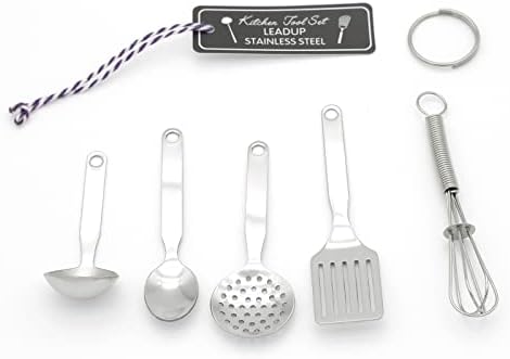 Mini Stainless Steel Kitchen Tool Set with Keychain(3.5"),Set of 5,Includes Whisk, Spatula, Spoon, Skimmer,Soup ladle