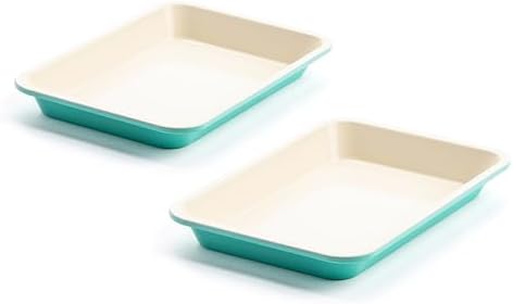 GreenLife 13" x 9" Quarter Sheet Baking Pans, 2 Piece Bakeware Set, PFAS-Free Ceramic Nonstick Rectangular Cookie Trays, Oven Safe to 450°F, Even Heating, Easy Clean Ovenware, Turquoise