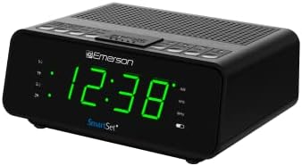 Emerson SmartSet Dual Alarm Clock Radio with AM/FM, Auto Time Setting, Sleep Timer, Snooze, 20 Presets, Easy-to-Read .9-inch Jade Green Dimmable LED Display, CKS1900