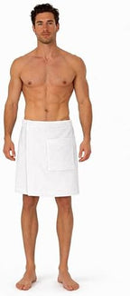 Turkish Cotton Terry Velour Adjustable Body Wrap Towel for Men (White, One Size)