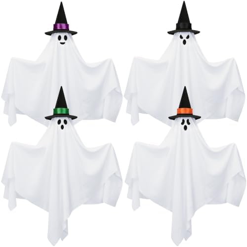 4 Pack Halloween Hanging Ghosts Decorations 31.5" Outdoor Cute Flying Ghost with Witch Hats White Ghosts Hanging Decoration for Halloween Party Holiday Front Yard Porch Patio Lawn Garden Tree Decor