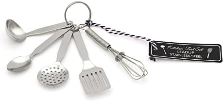 Mini Stainless Steel Kitchen Tool Set with Keychain(3.5"),Set of 5,Includes Whisk, Spatula, Spoon, Skimmer,Soup ladle