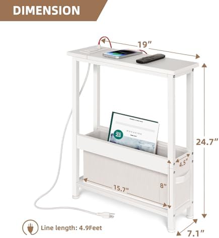 BAMGROW Slim Charging End Table with Storage - for Small Spaces and Bedroom (White)
