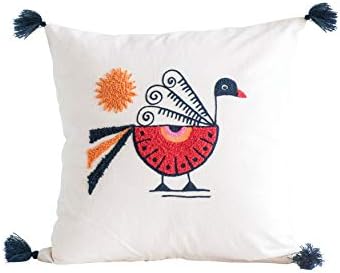 Bloomingville Square Cotton Pillow with Embroidered Peacock, Orange Sun & Corner Tassels