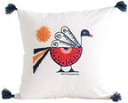 Bloomingville Square Cotton Pillow with Embroidered Peacock, Orange Sun & Corner Tassels