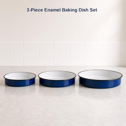 3-Piece Blue Enamel Roasting Pan Set, 10.2/12/13.6 Inch Round Pans
