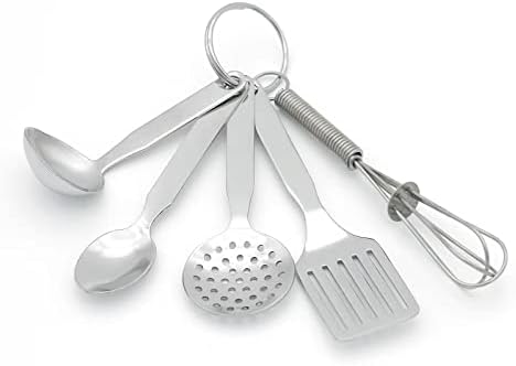 Mini Stainless Steel Kitchen Tool Set with Keychain(3.5"),Set of 5,Includes Whisk, Spatula, Spoon, Skimmer,Soup ladle