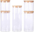 LEAVES AND TREES Y Stackable Kitchen Canisters Set, Pack of 5 Clear Glass Food Storage Jars Containers with Airtight Bamboo Lid for Candy, Cookie, Rice, Sugar, Flour, Pasta, Nuts