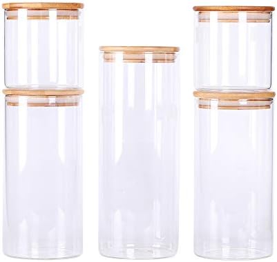 LEAVES AND TREES Y Stackable Kitchen Canisters Set, Pack of 5 Clear Glass Food Storage Jars Containers with Airtight Bamboo Lid for Candy, Cookie, Rice, Sugar, Flour, Pasta, Nuts