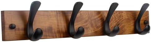 Wooden Coat Rack Wall Mount,Teak Solid Wood Coat Hanger with 4 Metal Hooks,16 inch Mounting Hole Spacing,Rustic Wall-Mounted Coat Racks for Towel,Hat,Key,Jacket,Clothes (1, Teak (Mixed Grain))