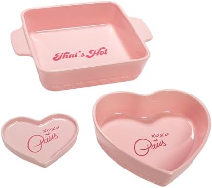 Paris Hilton 3-Piece Ceramic Baker Set, Iconic Stoneware with Square & Heart Bakers and Spoon Rest, Microwave/Oven/Freezer Safe, Durable Bakeware for Everyday Cooking & Serving, Pink