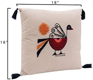 Bloomingville Square Cotton Pillow with Embroidered Peacock, Orange Sun & Corner Tassels