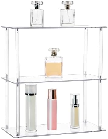 Jusalpha Rectangular 3 Tier Clear Acrylic Tabletop Display Stand，Bathroom Vanity Cosmetic Makeup Organization Shelves, Home Decor Display Stand (3 Tier, Rectangular)