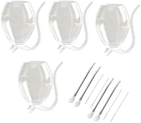 Vampire Glass Cups with Filter Spoon Straws, 10.14oz Dishwasher Safe Borosilicate Cocktail Goblets Set of 4, 304 Stainless Steel Infuser Straws with Cleaning Brushes for Wine Juice Fruit Tea