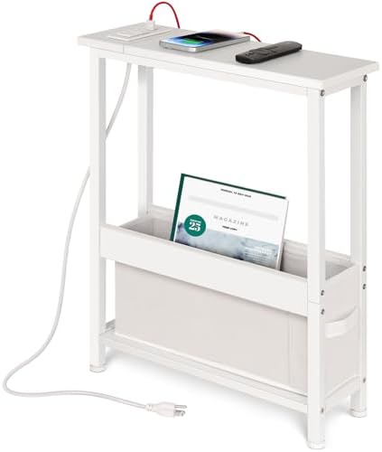BAMGROW Slim Charging End Table with Storage - for Small Spaces and Bedroom (White)