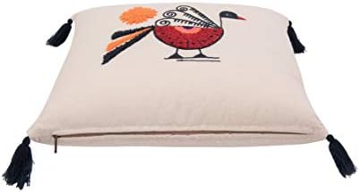 Bloomingville Square Cotton Pillow with Embroidered Peacock, Orange Sun & Corner Tassels