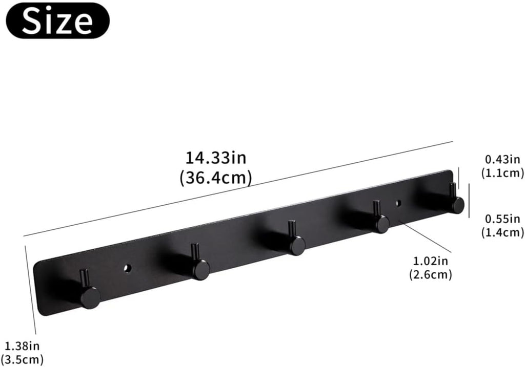 Black Wall Hooks, Matte Black Bathroom Hook Rail, Self Adhesive 5 Hooks Key Hook Rack Hanger Towel Robe Stick Hooks for Toilet Entryway Hallway Kitchen Wall Mounted