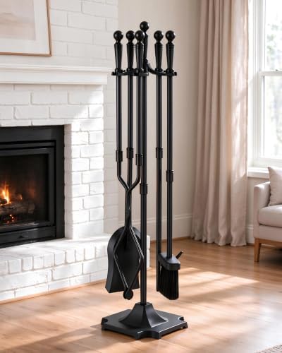 Antique Brass Fireplace Tools Set, Heavy-Duty Wrought Iron 5 Pcs