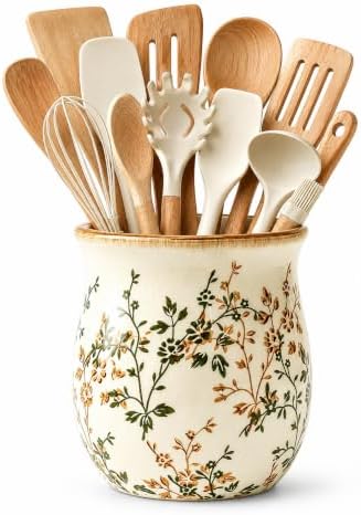 Large Green Floral Ceramic Utensil Holder for Kitchen Counter Utensil Crock
