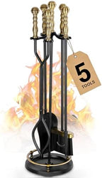 Fireplace Tools Set 5 Pcs Wrought Iron Large Fire Tool Set with Brass Handles for Outdoor/Indoor, Fireplace Accessories Set Included Poker, Tong, Shovel, Brush