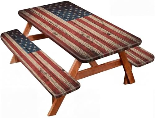 Chumia 3 Pcs American Flag Theme Picnic Table Cover with Bench Covers