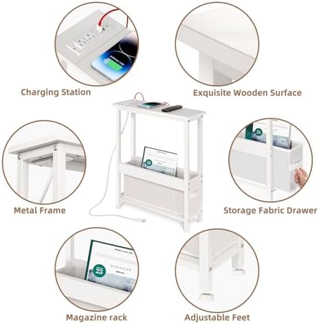 BAMGROW Slim Charging End Table with Storage - for Small Spaces and Bedroom (White)