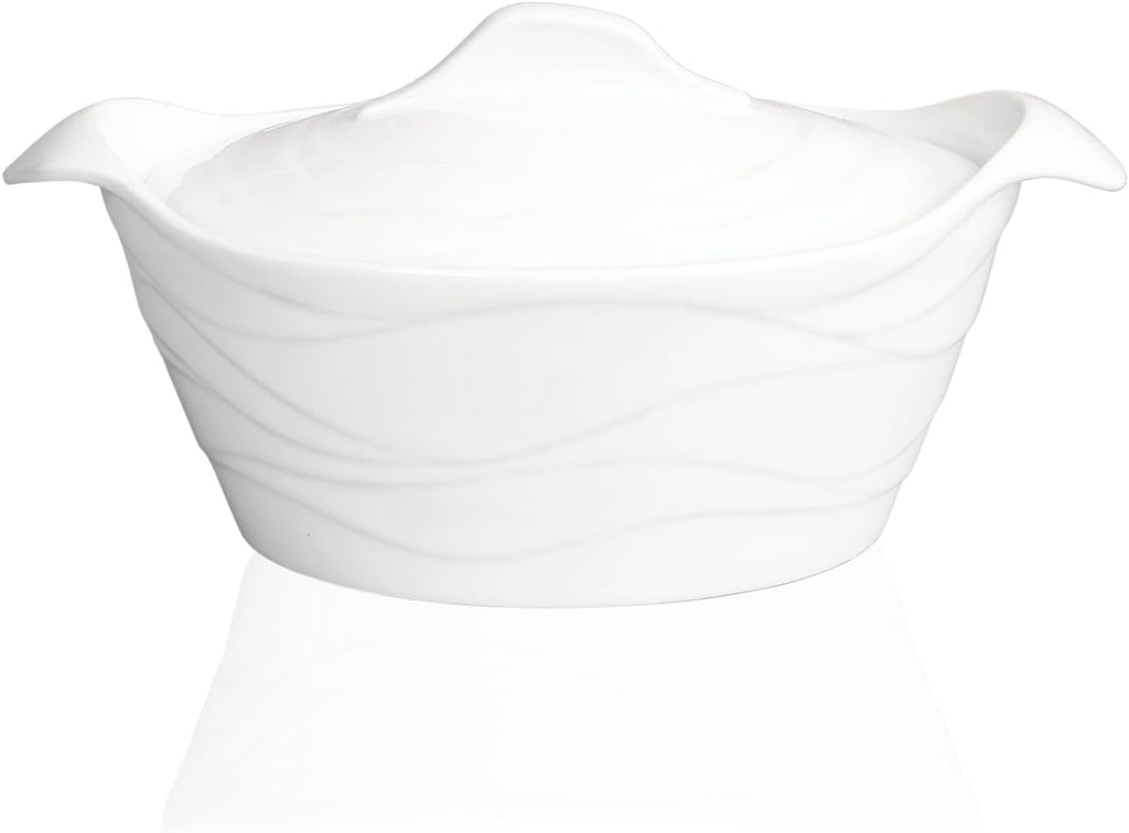 Casserole Dish 1.4 Quart French White Ceramic Bakeware Set with Lids, Chip and Crack Resistant Stoneware Baking Dish, Microwave, Dishwasher, Oven, Freezer and Fridge Safe (11.7 INCH Oval)