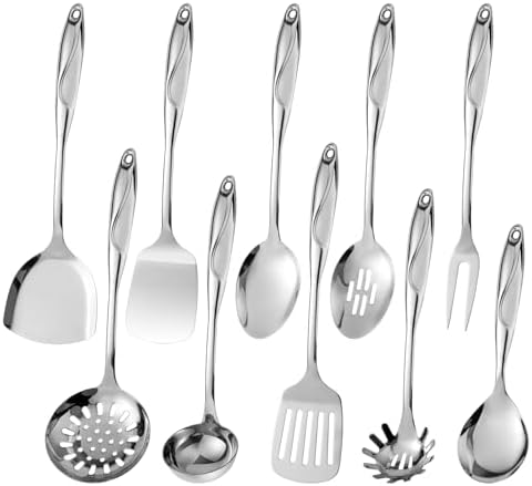 304 Stainless Steel Kitchen Utensils Set, 10 Pcs Metal Cooking Utensil, Mirror Polished Kitchen Gadget Cookware and Kitchen Tool Set, Dishwasher Safe