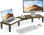 Dual Monitor Riser - Adjustable Length & Angle, Wooden Stand for 2 Monitors with Storage