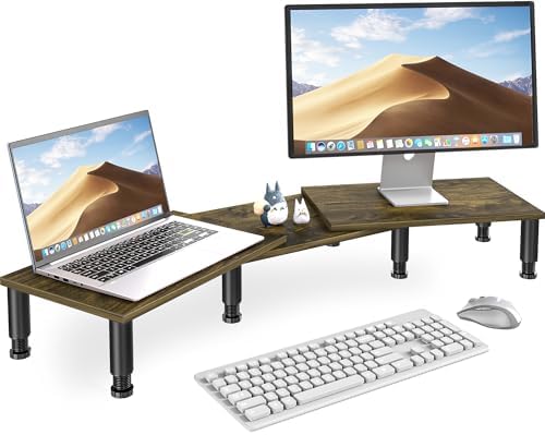 Dual Monitor Riser - Adjustable Length & Angle, Wooden Stand for 2 Monitors with Storage