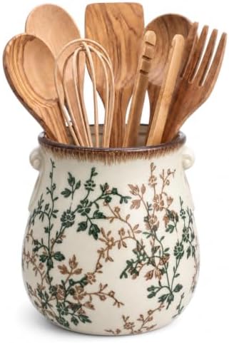 Large Vintage Floral Ceramic Utensil Holder for Kitchen Counter