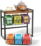 Tea Bag Organizer, 3 Tier Tea Bag Holder with 2 Removable Baskets, Wood and Metal Tea Organizers and Storage Chest for Countertop Kitchen, Office, Brown, Space-Saving Tea Storage Rack