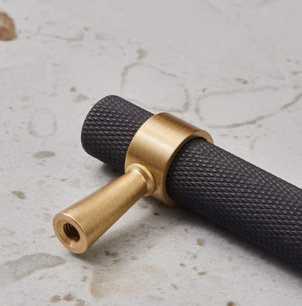 Set of 2 Solid Brass Cabinet Pulls 6.3 Inch (5 Inch Hole Centers) Gold Black Knurled Textured Cabinet Handles Brass Pulls for Dresser Door Drawer Hardware (2, Black Gold)