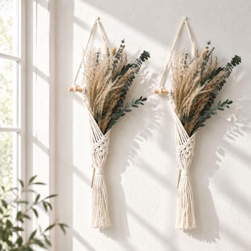 2 Pack Boho Wall Decor Macrame Wall Hanging with Artificial Flowers