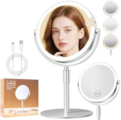 FRANO Makeup Mirror with Lights, Lightweight 8" Double-Sided Magnifying Vanity Mirror 1X/10X, Rechargeable, Adjustable Brightness with 3 Colors, Gift for Mom,Women, Wife, Girls, Dorm Room Essential