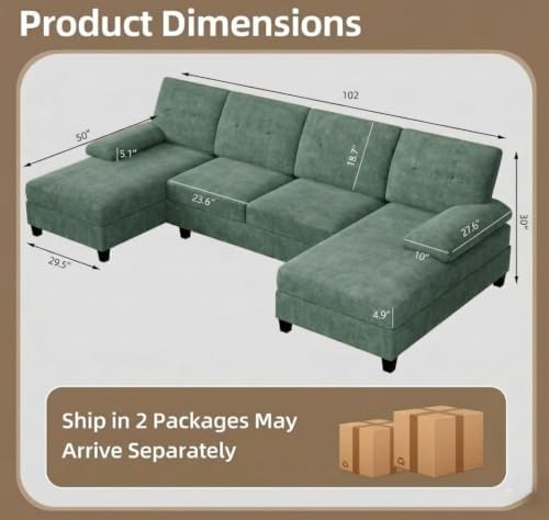 Shintenchi U-Shaped Sectional Couches for Living Room, 4 Seat Sofa with Double Chaise Lounges,Solid Wood Frame Sectional Sofa for Apartment,White