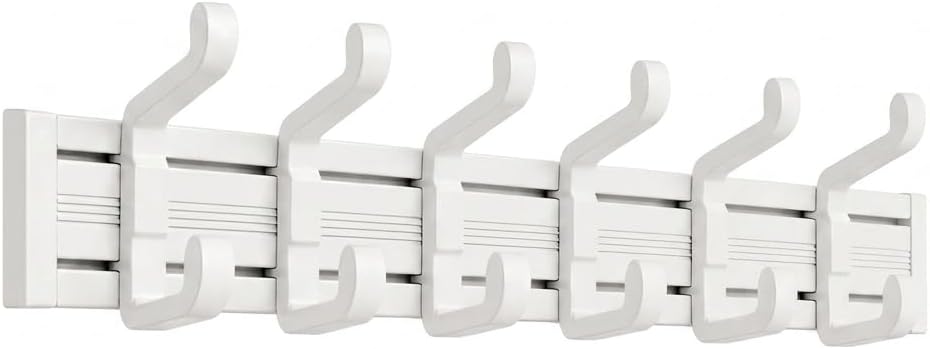 Wall Mounted Coat Hook Rack, 6 Adjustable Sliding Hooks Premium Aluminum Wall Hanger, 2 Mounting Options Self Adhesive & Drilling for Bathroom Bedroom Entryway (Off-White)