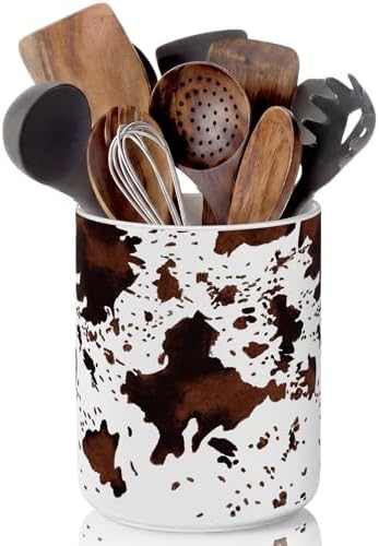 Potchen Western Cowhide Ceramic Utensil Holder 6.3 Inch Cowboy Rustic Kitchen Utensil Crock Vintage Countertop Storage Organizer Container for Spatulas Spoons Home Cooking Decoration