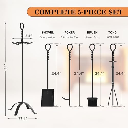 Gtongoko 35”Tall Fireplace Tools Set with Stand 5-Piece Solid Wrought Iron