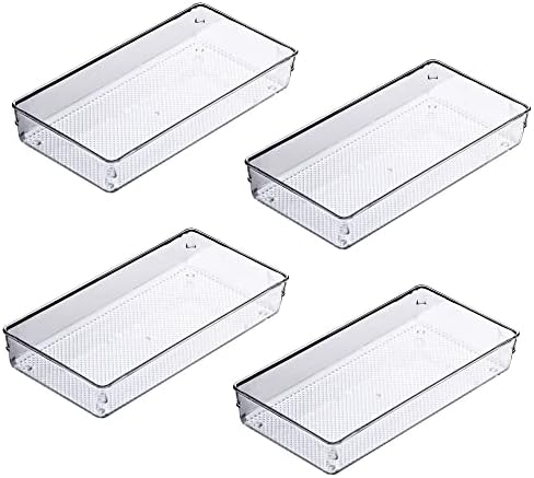 4Pack Large Size Clear Plastic Desk Drawer Dividers Drawer Organizer Wide Tray for Makeup,Kitchen Utensils,Jewelries and Gadgets 12’’x6’’