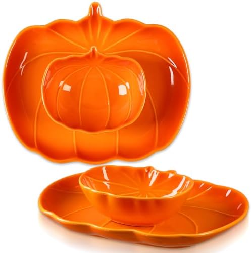 Tioncy 4 Pcs 9 Inch Pumpkin Shaped Plates and 5 Inch Fall Ceramic Bowls Set