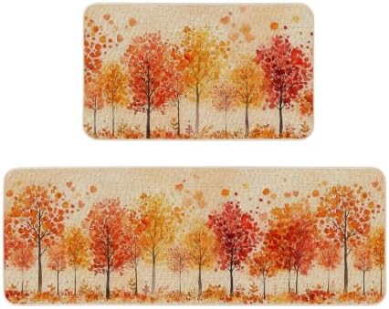Watercolor Fall Maple Trees Kitchen Rugs Set of 2, 17x29 and 17x47 Inch