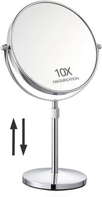 17" Tall Tabletop Magnifying Makeup Mirror Height Adjustable Vanity Mirror 1X/10X Magnification, 8" Large Double-Sided 360° Swivel Classic Round Desktop Make Up Mirror for Bathroom & Bedroom, No Light