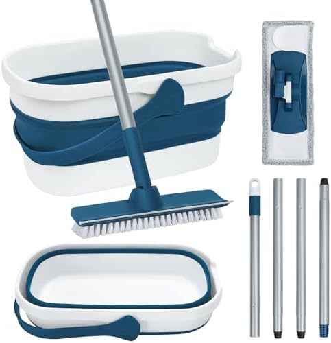 Collapsible Mop and Bucket Set with Scrub Mop and Brush, Tile Laminate Hardwood Floor Brush and Flat Mops for Floor Cleaning, Foldable Bucket with Washable Microfiber Mop(Blue)