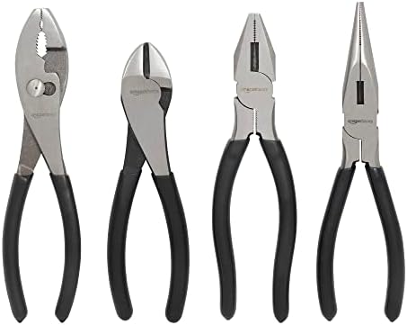 Amazon Basics Pliers Set, Hand Tools for Precision, Cutting Wire Cutter with Needle Nose and Diagonal, Quality Tool Set for Home Maintenance, Set of 4, Black and Silver